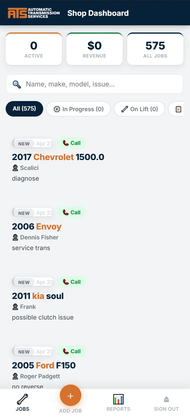ATS Automatic Transmission Service dashboard view